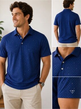 Peter Millar Fish Print Polo Shirt Summer Comfort Blue Performance Size Large